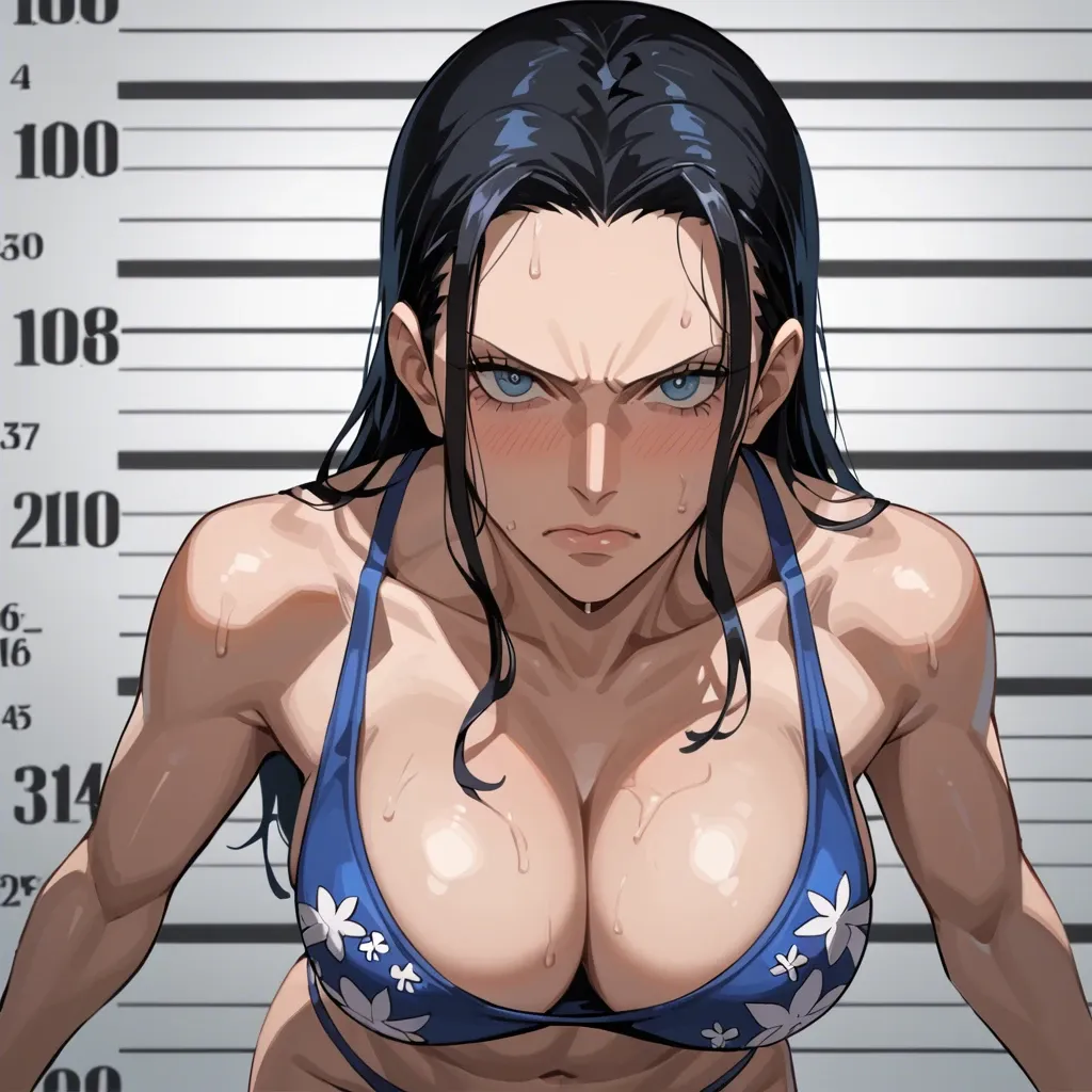 Nico Robin,sexy body,hot figure mugshot, identification photo, looking at viewer, angry, blushing, make up running