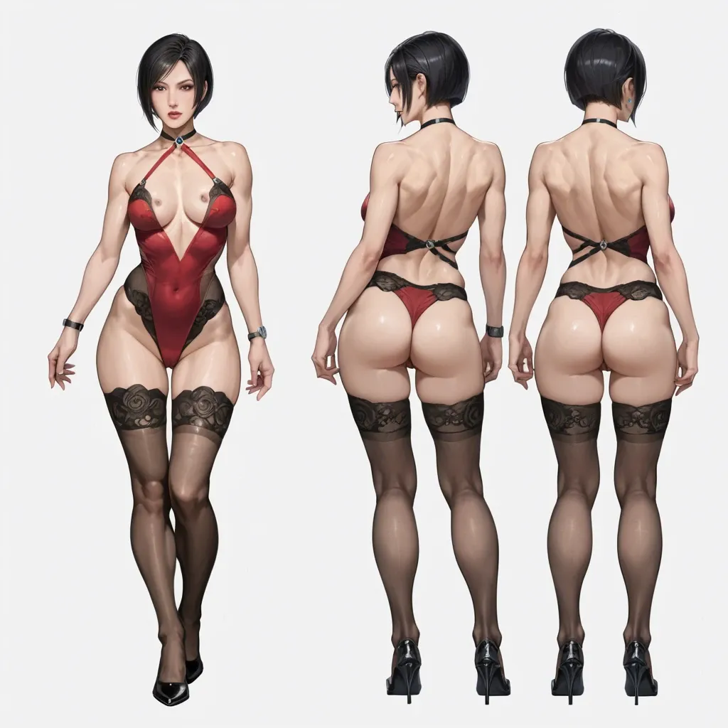 Ada Wong,  multiple angles, model pose, Front view and back view and side view, full body photo,