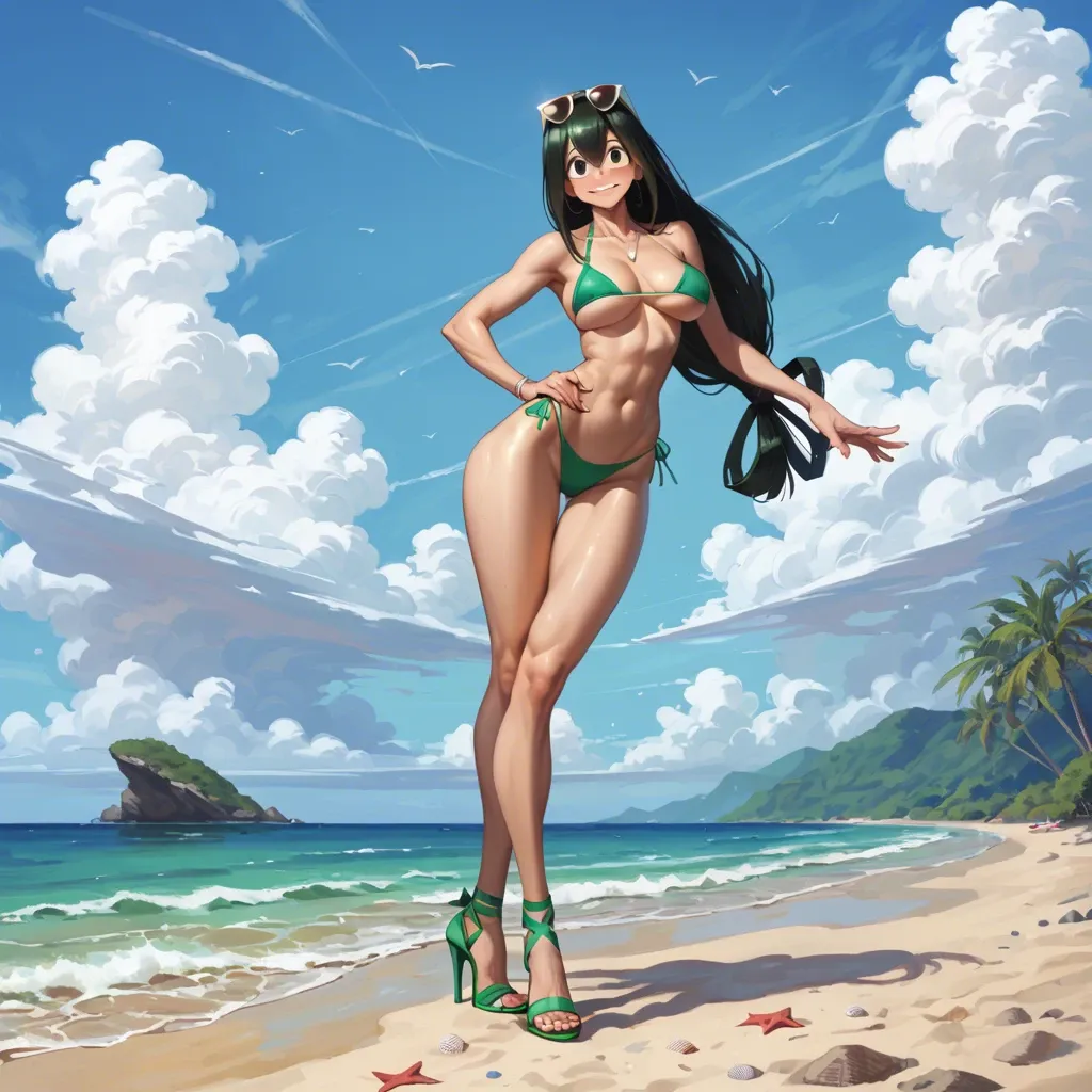 Tsuyu Asui, bikini, bimbo, slut, skinny waist, long legs, thicc thighs, high heels, underboob, beach, sunglasses, smiling