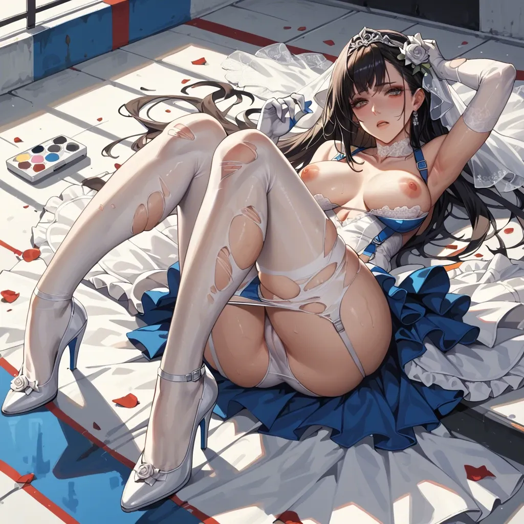 2girl, , , , long eyelashes,arm up,areola,breasts visible,palette, nightdress,torn pantyhose,racing gloves,bikini pull,no shoes, wedding dress,lace stockings,suspenders,tight swimsuit,high heels, blue skirt,white socks,dangly earrings,one-piece,black boots, barn, lying on beach, medieval dress, highly detailed, bright-lit, zelda, elsa, ayanami