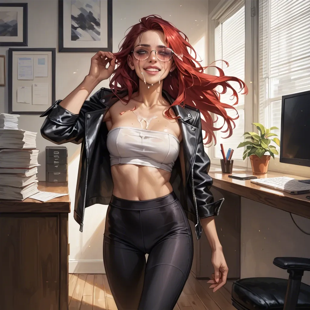 Detailed,comics,office,slim sexy red hair latina, black yoga pants white tube top, loose hair running makeup, standing, cum on face, cum in hair, bare chest,cum on chest, blushing, smiling, sun glasses,leather jacket,