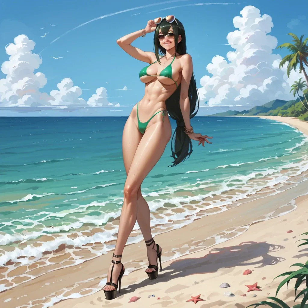 Tsuyu Asui, bikini, bimbo, slut, skinny waist, long legs, thicc thighs, high heels, underboob, beach, sunglasses, smiling