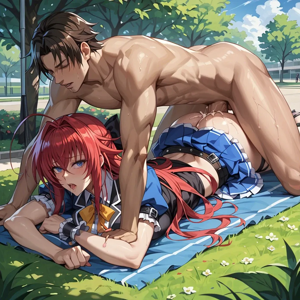 1girl1boy,,,,,,,,riad gremory,high school dxd,big tits , blue eyes,park,japanese idol costume,mini skirt,sex,cum dripping,laying,prone bone,