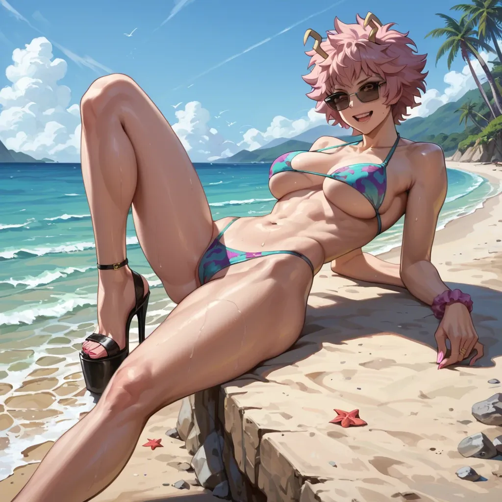 mina ashido, bikini, bimbo, slut, slim waist, long legs, thicc thighs, high heels, underboob, beach, sunglasses, smiling