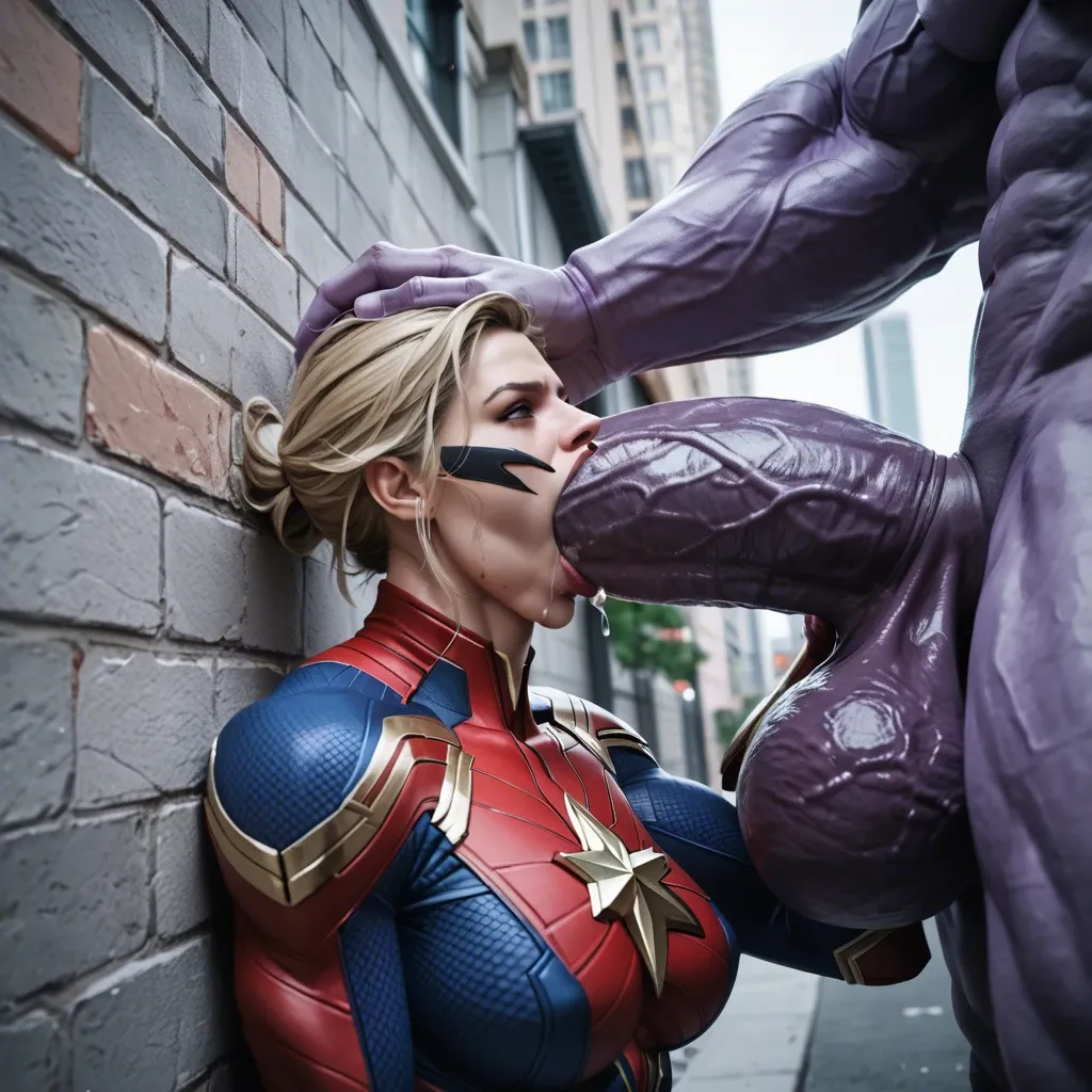 Captain Marvel, pressed against wall, deepthroat to the base, impossible fit, Thanos, extreme massive bulging hyper penis, massive swollen balls, New York rooftop, night