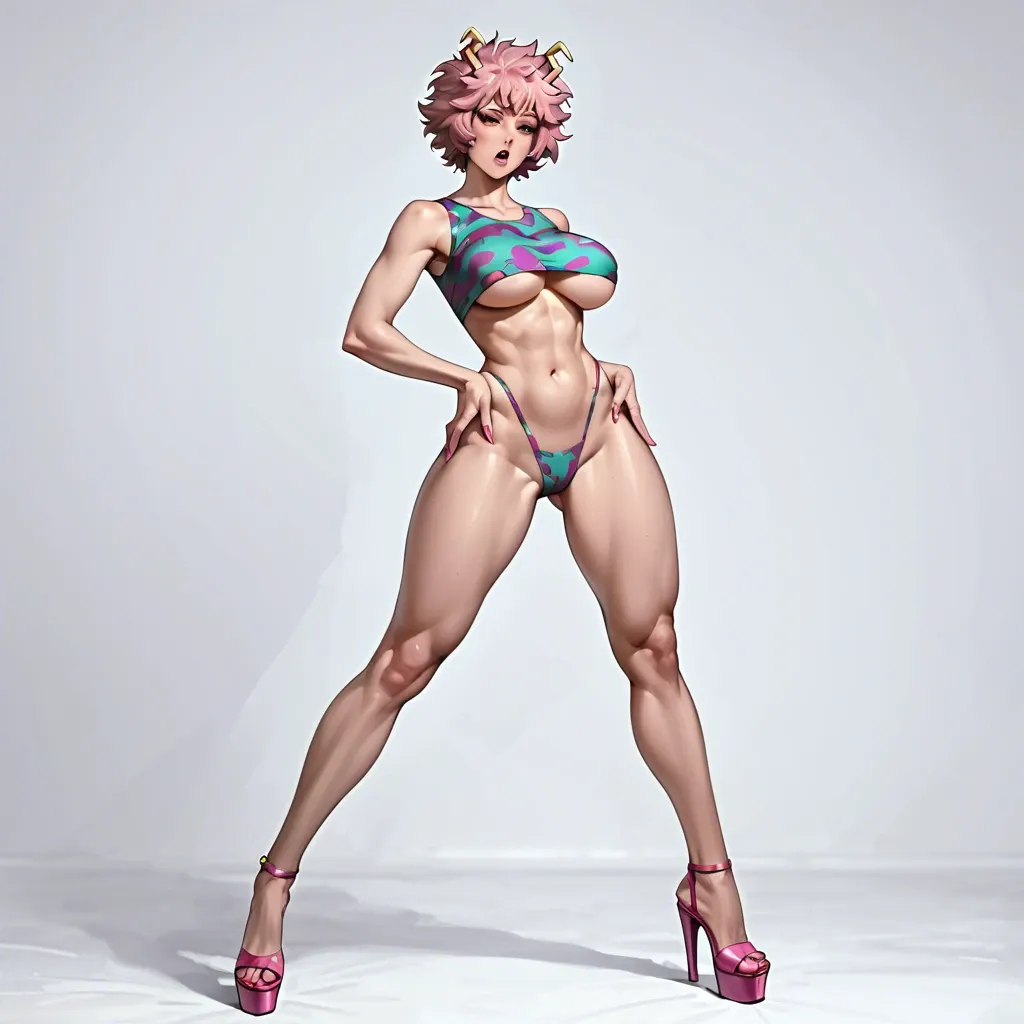 mina ashido, full costume, bimbo, slut, slim waist, long legs, thicc thighs, high heels, underboob