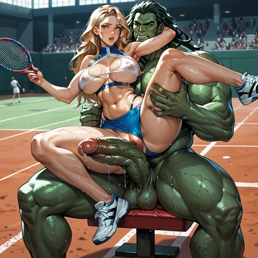 gigantic big hulk gigantic big cock fucking deep in belly bulging belly, african dark-skinned Gwen sweaty wet tennis court green eyes long hair extremely curvy hourglass figure slim waist big fat ass big boobs her figure looks curvy slim long legs big cock deep in belly bulging belly creampie african dark-skinned Gwen