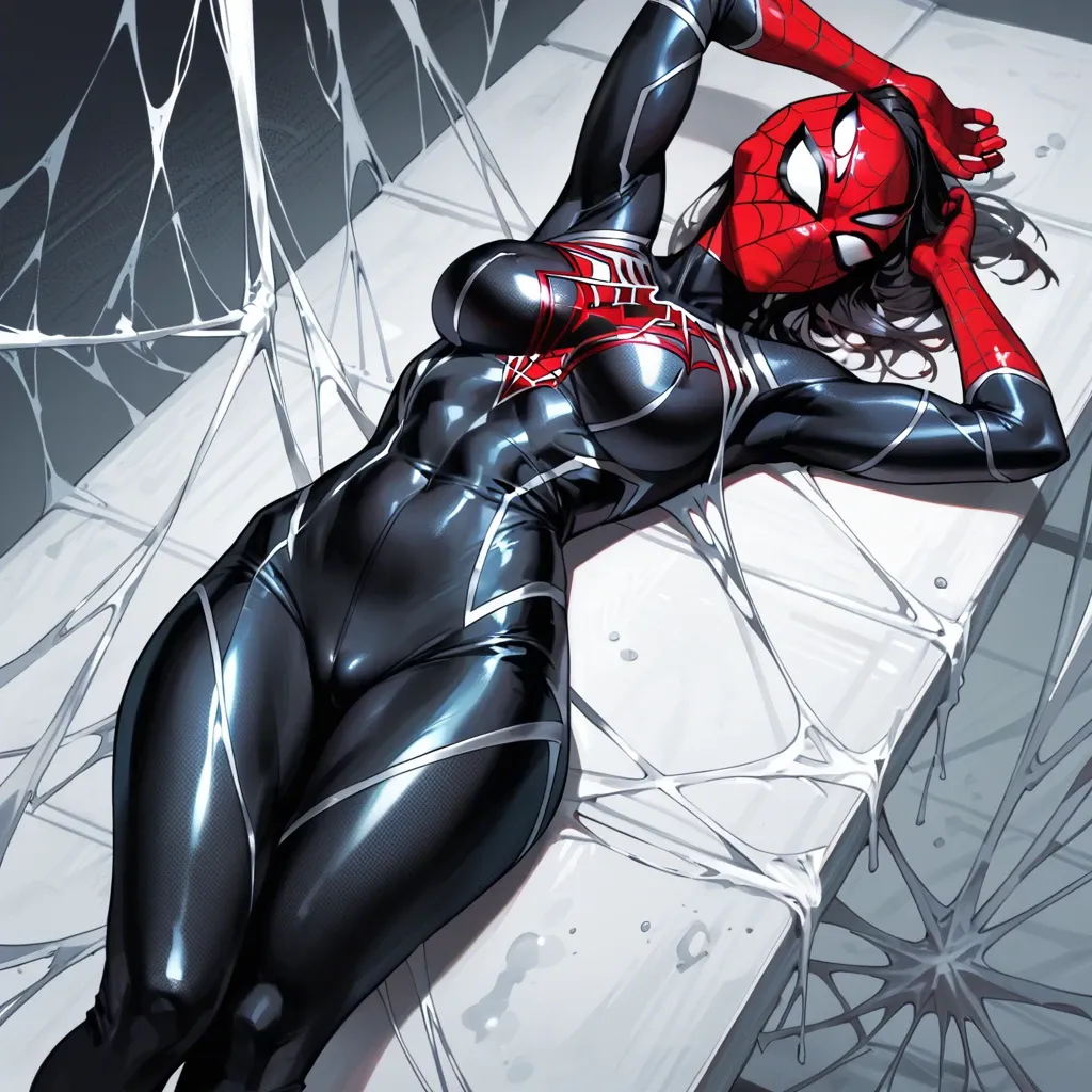 Girl, spider-girl , fit body, big hips, tight suit, mask, lying on black web, better details, better quality, high-quality details, high quality, 4k, more resolution