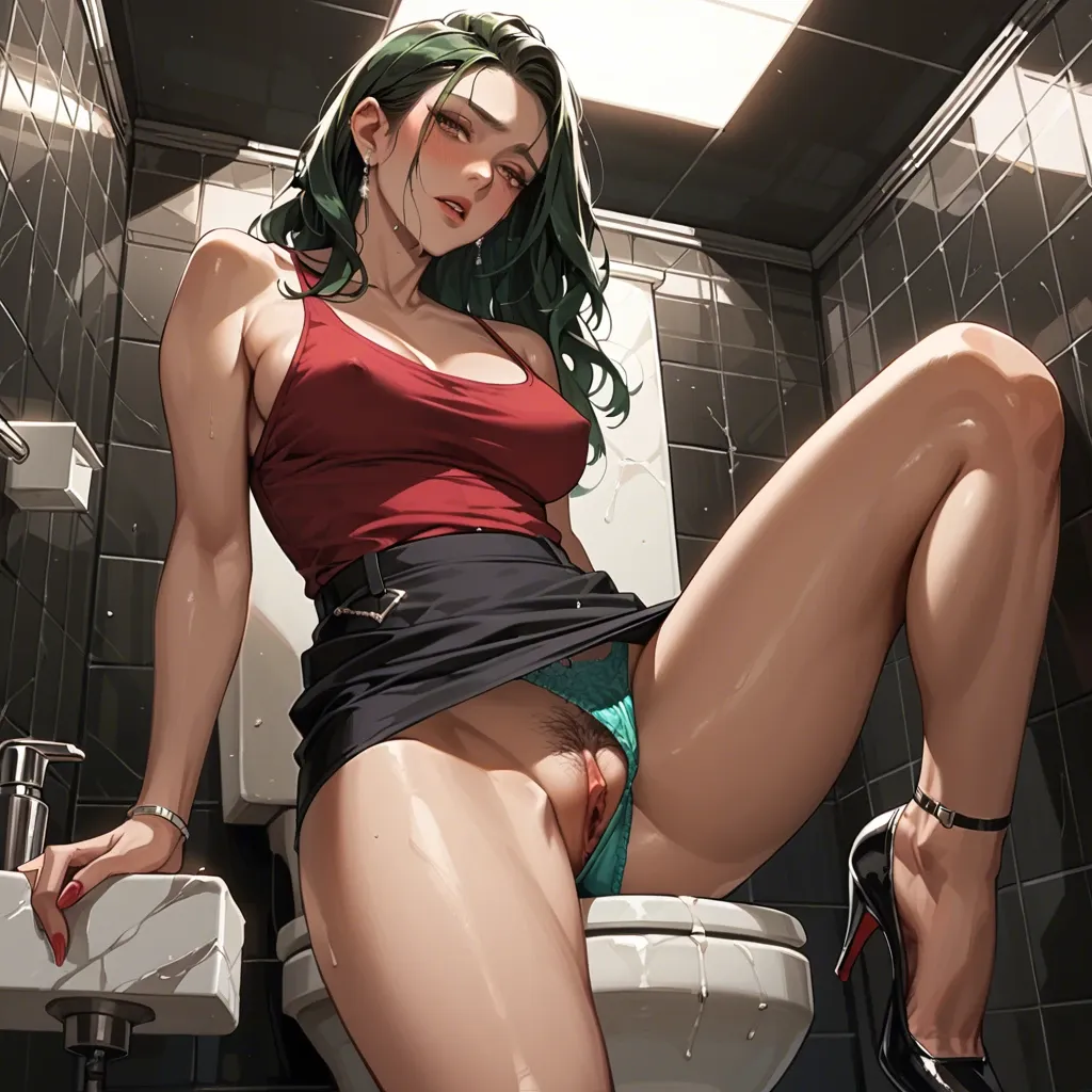 Green hair, beautiful brown eyes, colored panties, expensive night club restroom, dark elegant and clean surroundings, dark colored walls and dark lighting, blushing, aggressive look, maroon tank top and skirt, pubic hair, sensual panties pulled to the side, pussy, highly detailed face and realistic facial features, tan lines, inner thigh tattoo , creampie sex