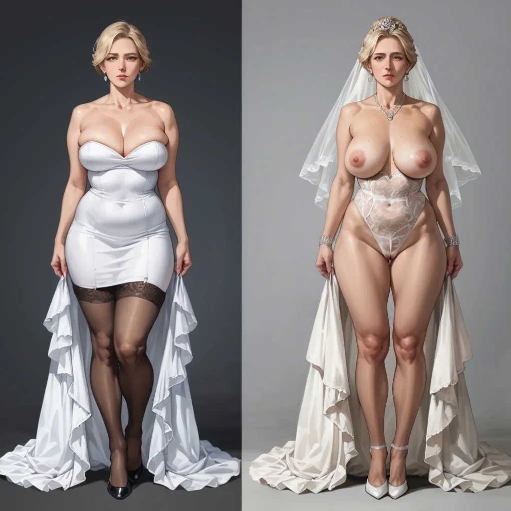 Blonde, old Milf, thick body, pawg, super thick legs, long legs, hairy, black stockings , underwear, wedding dress, standing, before & after, worried, realistic