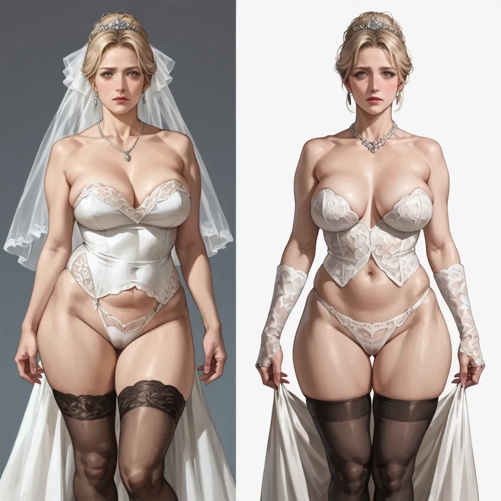 Blonde, old Milf, thick body, pawg, super thick legs, hairy, black stockings , underwear, wedding dress, standing, before & after, worried, realistic