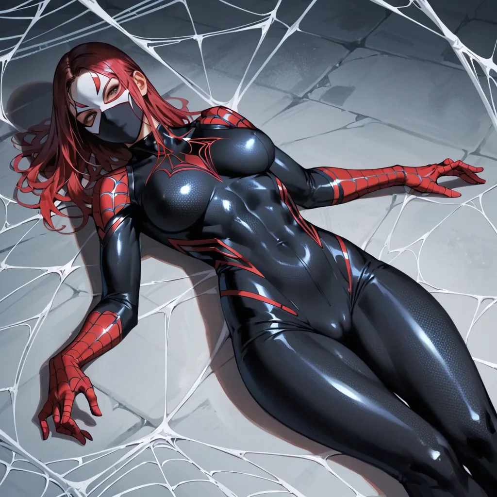 Girl, spider-girl , fit body, big hips, tight suit, mask, lying on black web, better details, better quality, high-quality details, high quality, 4k, more resolution