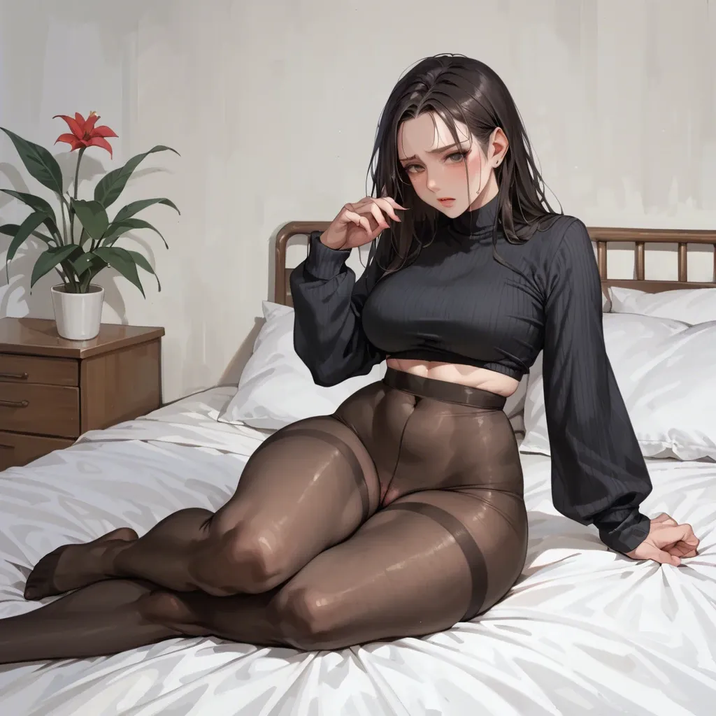 Huge hips, thick hips, huge boobs, black tights, black long sleeve, cute, sitting on bed,