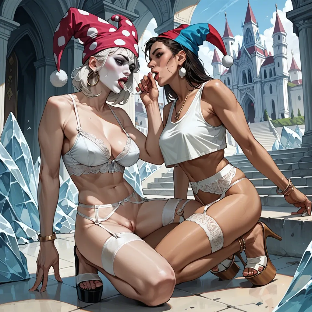 2girl, , , , high nose,hand in mouth,saggy boobs,penis worship,broad shoulders, crop top,ice palace,garter belt,lingerie,sandals, tank top,anklets,jester cap,white lingerie,platform heels, in a kitchen, unforgettable, bedroom, lara croft, wonder woman