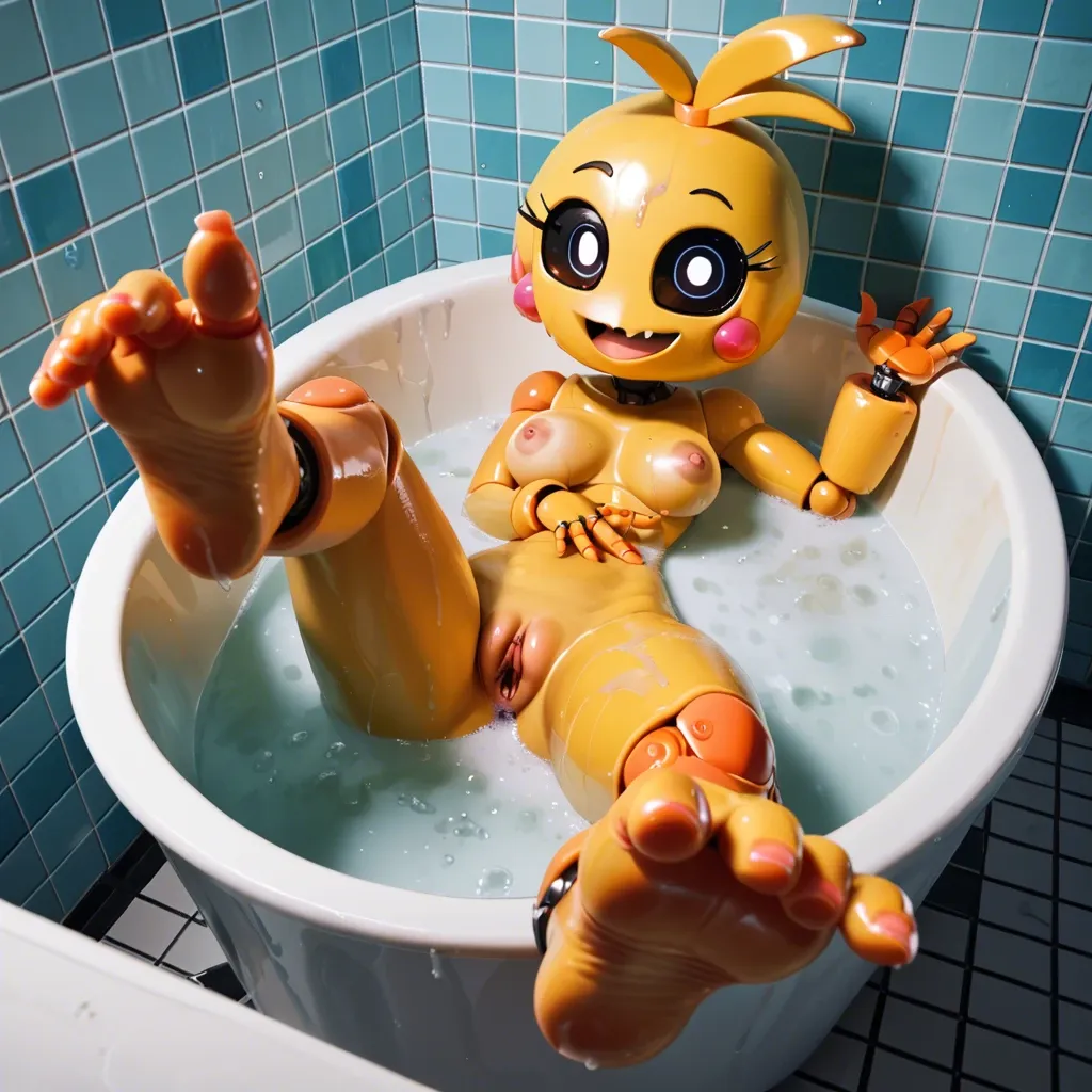 1 girl, solo, big boobs, bath, wet body, wet pussy, foot fetish, zoom pussy, toy Chica