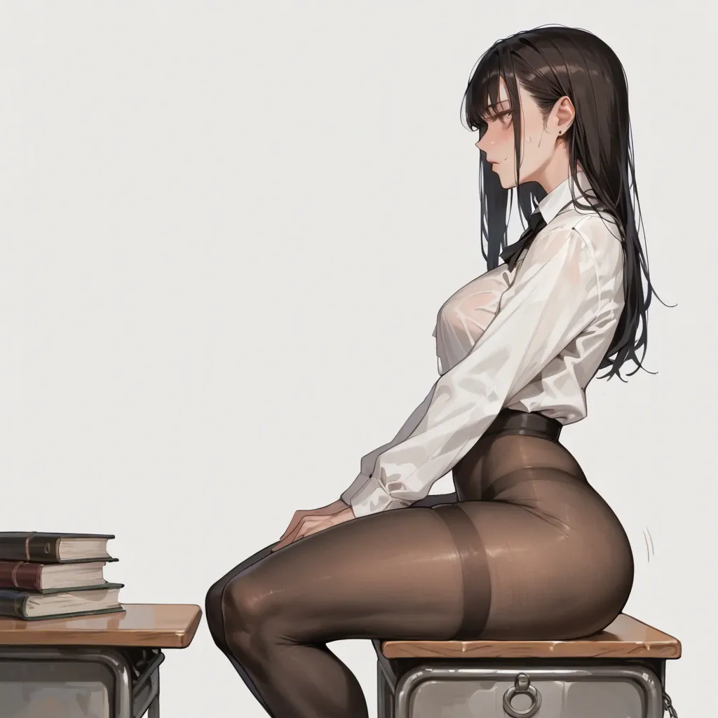 Huge hips, thick hips, huge boobs, black tights, black long sleeve, cute, sitting on desk, side view,