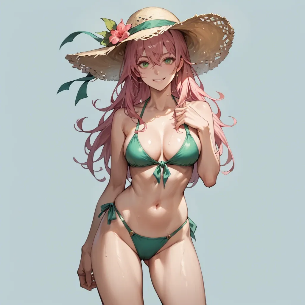 1girl, solo, long hair, breasts, looking at viewer, smile, bangs, simple background, hat, navel, cleavage, hair between eyes, bare shoulders, medium breasts, green eyes, standing, swimsuit, pink hair, bikini, thighs, cowboy shot, one eye closed, horns, stomach, groin, bare arms, side-tie bikini bottom, halterneck, string bikini, red headwear, red bikini, sex, ;\),yanfei \(genshin impact\)