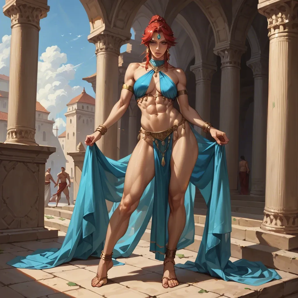 Girl, red hair, abs, standing, harem clothes,no panties, toe rings.