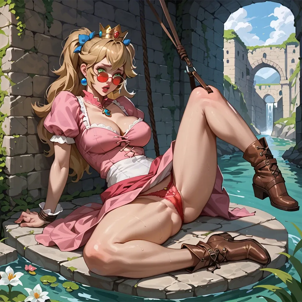 1girl,solo, , , , green eyes,long toes,round breasts,whore cleavage,bound ankles, slit skirt,laced,red sunglasses,cotton panties,brown boots, barbara, in the river, dungeon, princess peach