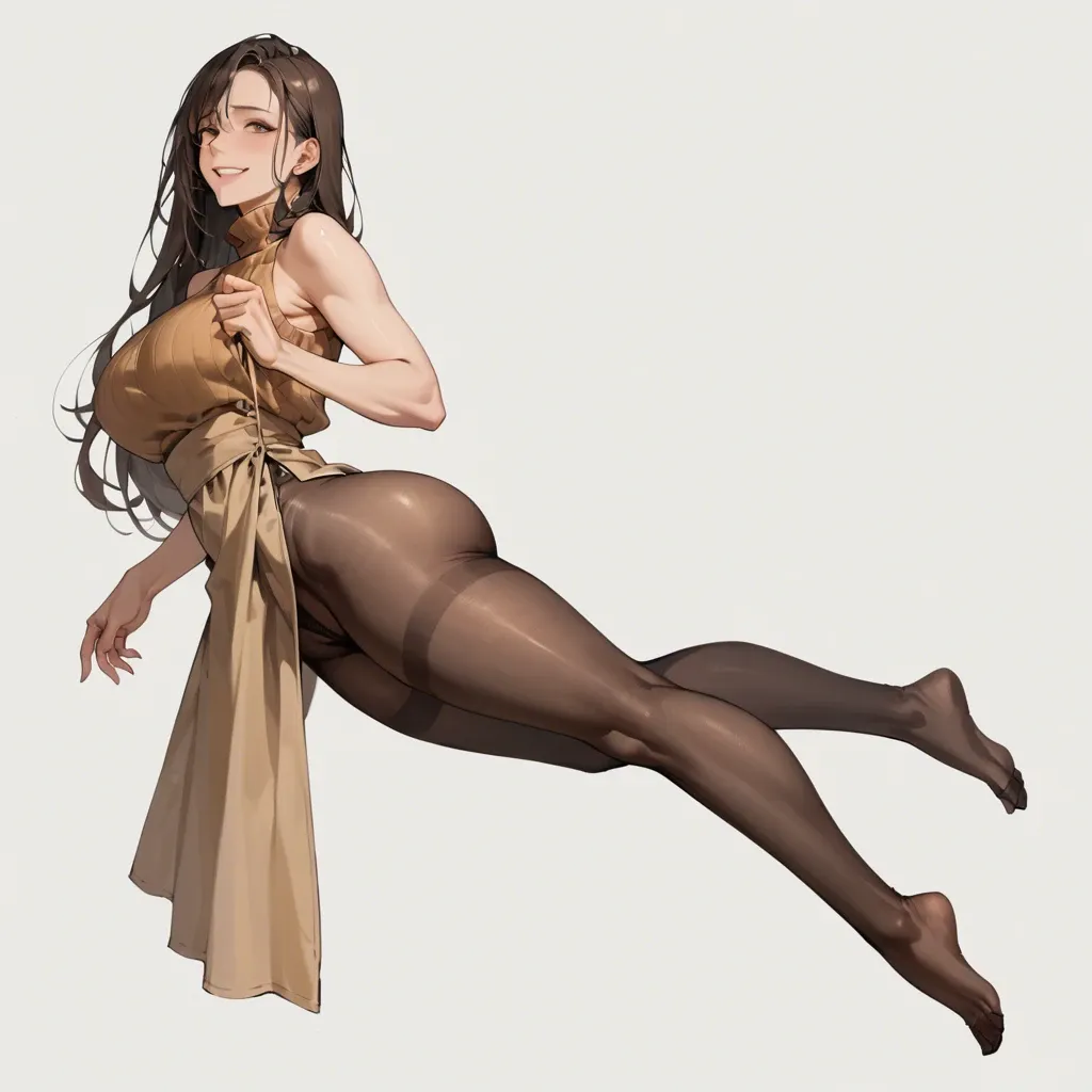 1 girl, 1 man,smiling, ((pretty face)),large breasts  ,  slim waist ,  wide hips,  huge butt,fullbody view,lifted on air, (sideview),dark brown sleeveless sweater, brown long dress, dark brown pantyhose,very long twintails brown hair, dark brown high heels, closed mouth , blue eyes,fucked by a man on her butt