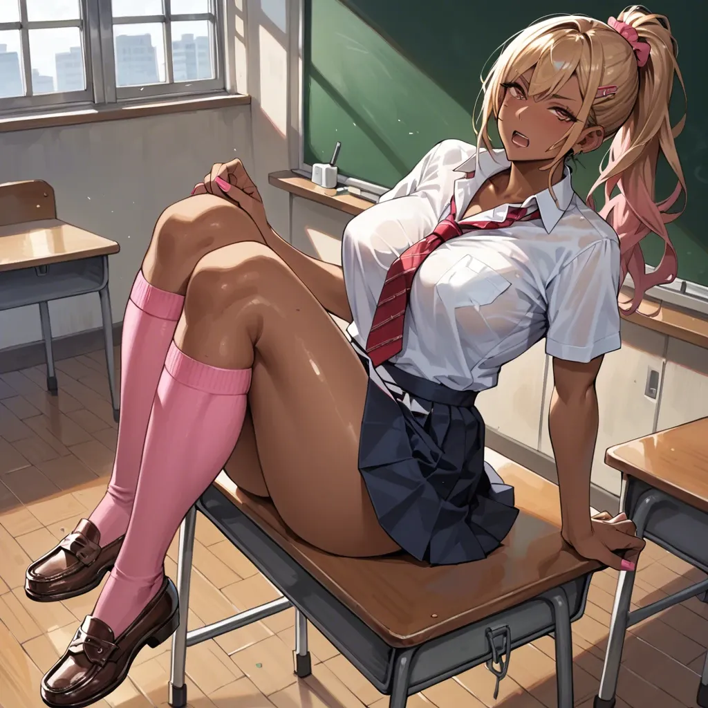 Japanese gyaru wearing pink thigh high socks,Loafer,school uniform,classroom,ponytail,brown skin