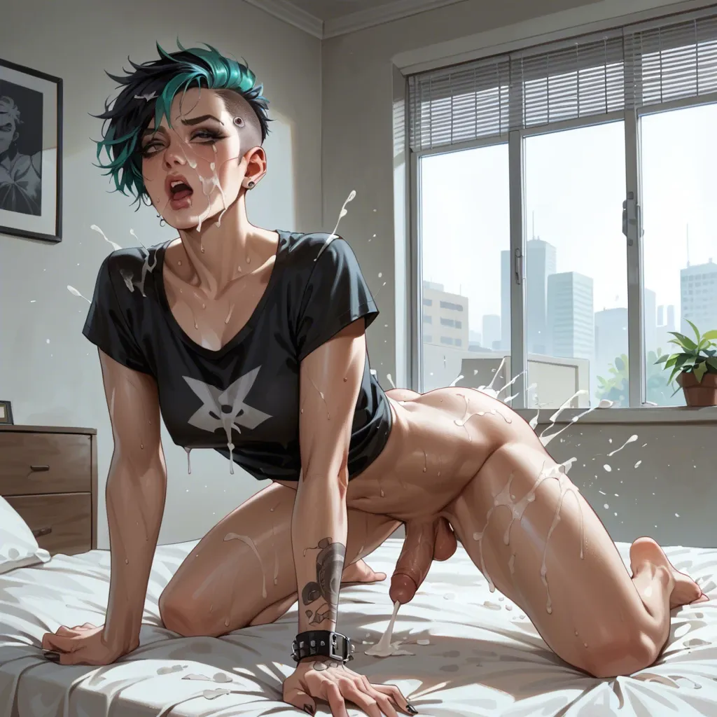 (petite punk) (futanari) girl, (anal fucking), no shirt, (bukkake), sweaty, (orgasm), (pixie cut hair), background apartment bed open window at night