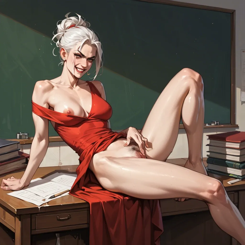 A human Woman with white hair sitting on a desk, in a red dress, pulling her skirt up, smirking looking at the camera spreading her legs and has unkempt crotch hair and is spreading open her vagina with her hands.