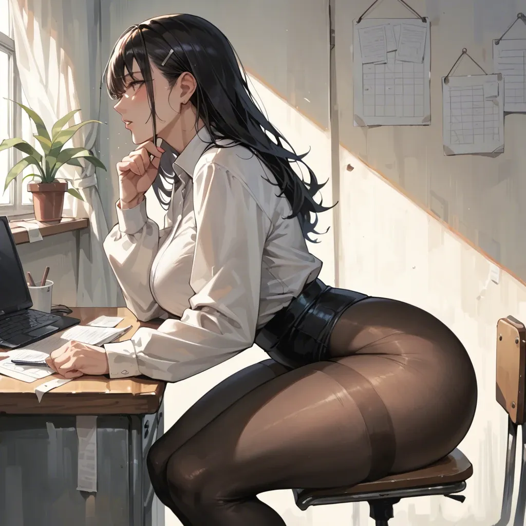 Huge hips, thick hips, huge boobs, black tights, black long sleeve, cute, sitting at desk, side view,