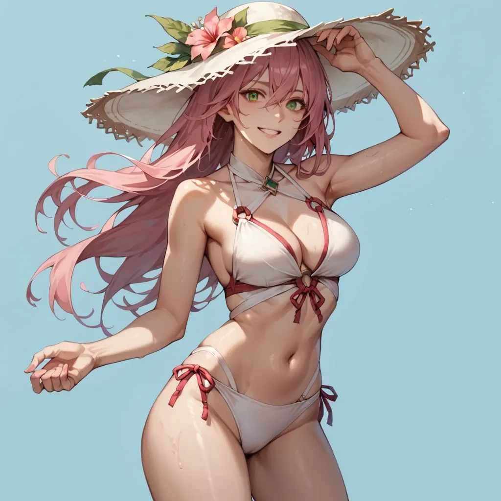 1girl, solo, long hair, breasts, looking at viewer, smile, bangs, simple background, hat, navel, cleavage, hair between eyes, bare shoulders, medium breasts, green eyes, standing, swimsuit, pink hair,  thighs, cowboy shot, one eye closed, horns, stomach, groin, bare arms, x-mas, halterneck, string bikini, red headwear, red bikini, sex, ;\),yanfei \(genshin impact\)