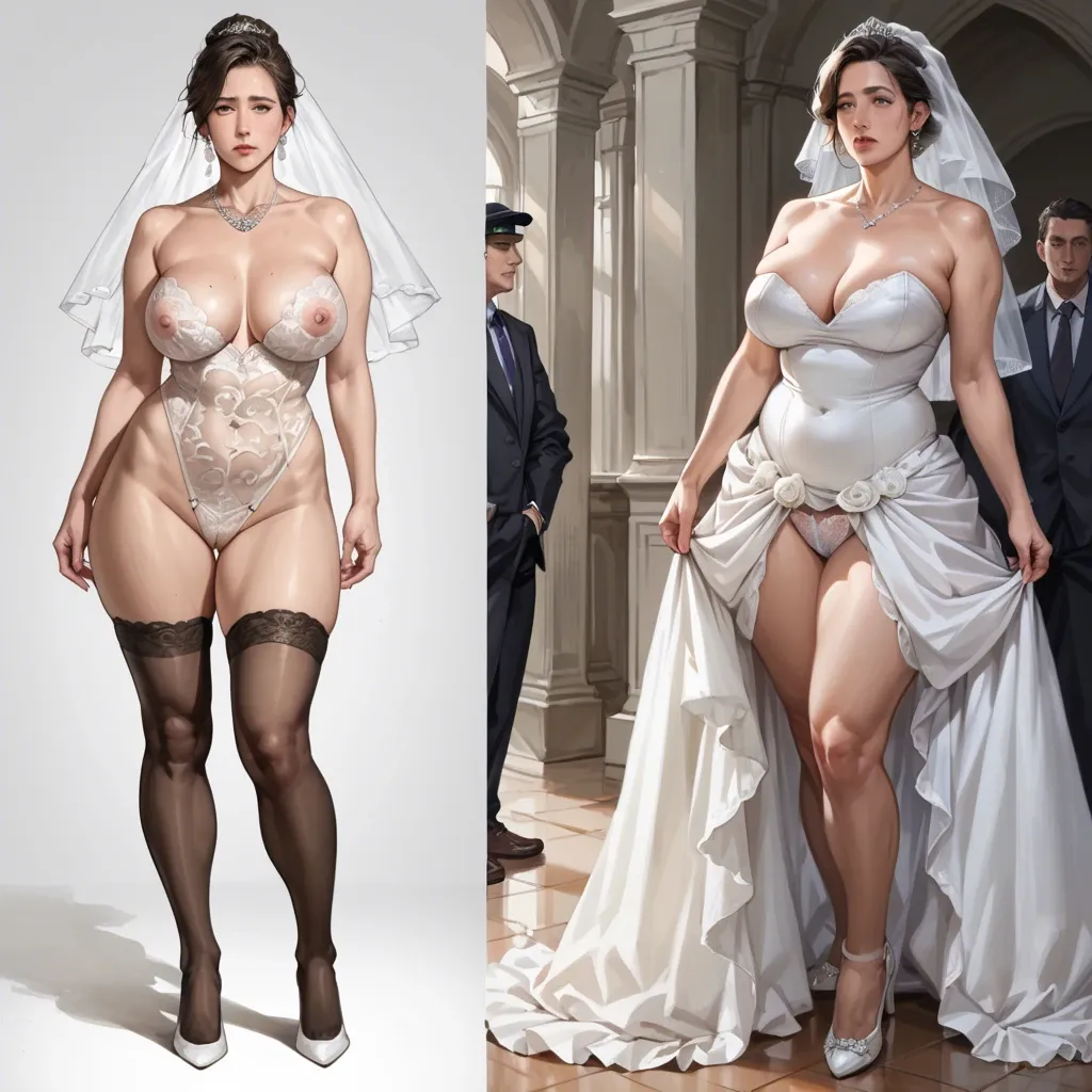 Milf, thick body, pawg, super thick legs, hairy, black stockings , underwear, wedding dress, standing, before & after, worried, realistic