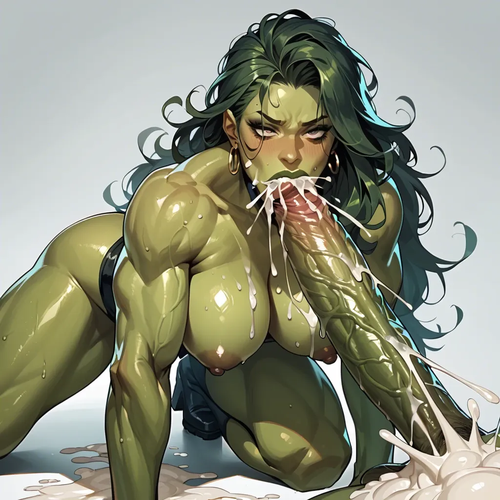 She-Hulk Futanari masturbation, hyper penis, cum in mouth, excessive cum