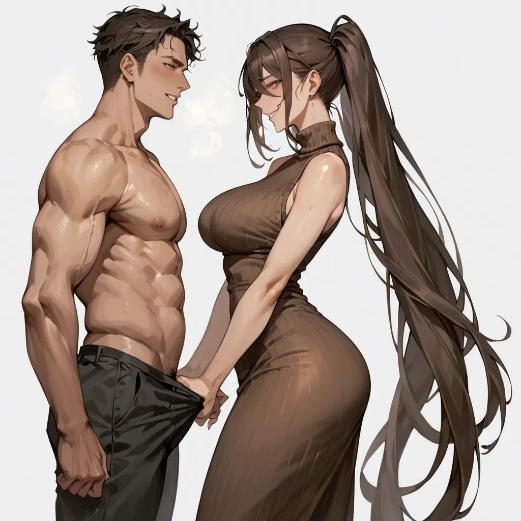 1 girl, 1 man,smiling, ((pretty face)),large breasts  ,  slim waist ,  wide hips,  huge butt,fullbody view,laydown, (sideview),dark brown sleeveless sweater, brown long dress, dark brown pantyhose,very long twintails brown hair, dark brown high heels, closed mouth , blue eyes,fucked by a man on her butt