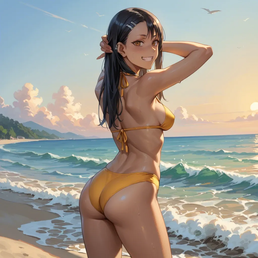 Hayase Nagatoro, innocent smile, in yellow bikini,  ass, sideboobs, standing on the beach, sunset