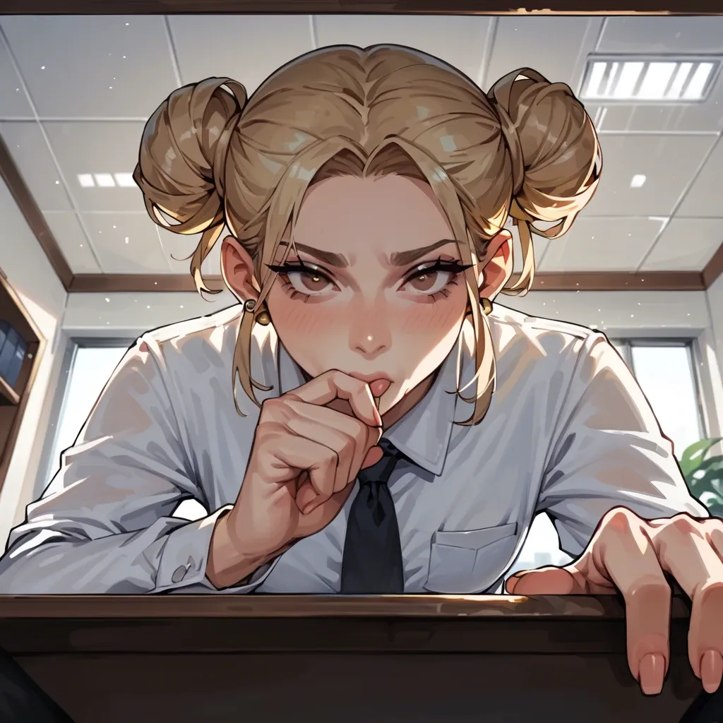 in the office, stream chat visible, femboy, two buns, blonde, brown eyes, earring, office uniform, view from below, sucks under the table, under the table, pov