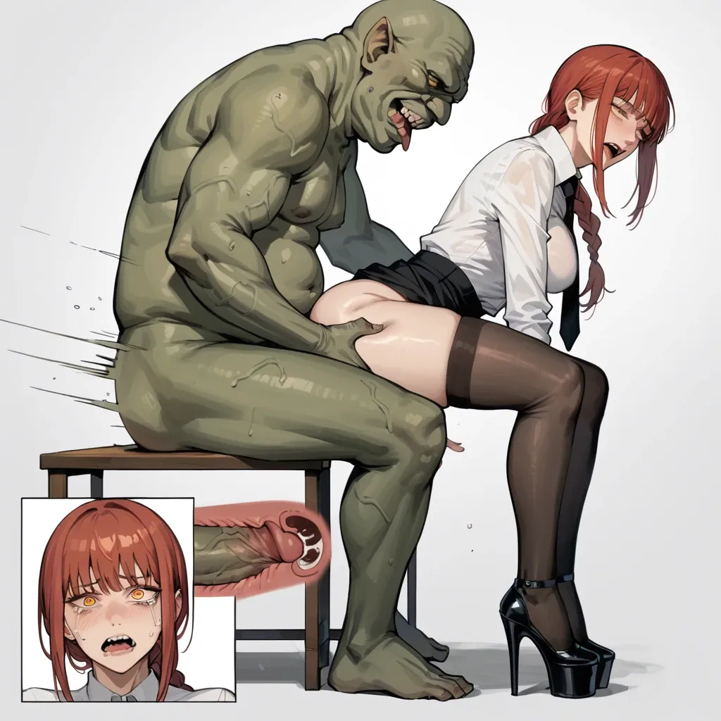 makima (chainsaw man),stockings,platform heels,absurdres,deep thrusting,x-ray creampie,comic,crazy worried pleasured orgasm expression,tears,ugly goblin,cucked,corruption,legs apart,groping