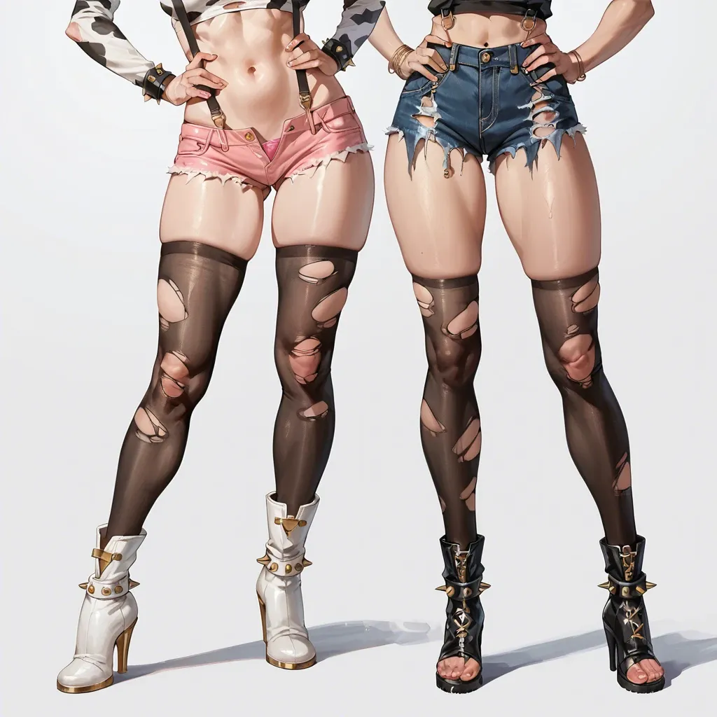 2girl, , , , injected lips,nice feet,round big tits,hands on hips,skinned, cow costume,gold anklets,spiked collar,black thong,white boots, hotpants,torn thighhighs,suspenders,pink panties,platform heels, nobara kugisaki, brazil jungle, cyberpunk, super mario, belle