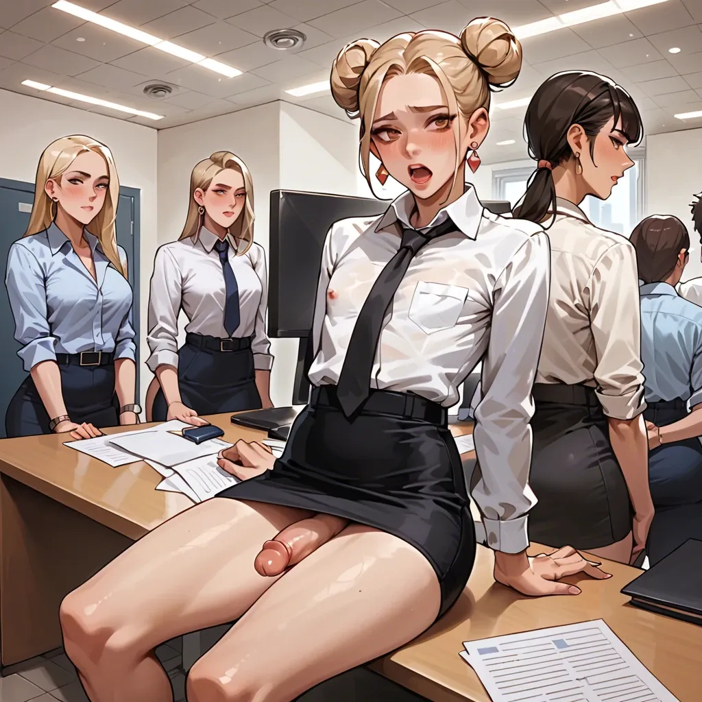 in the office, stream chat visible, femboy, two buns, blonde, brown eyes, earring, office uniform, orgy, penis visible