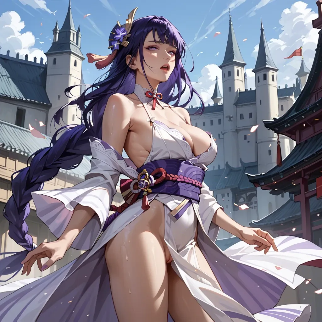 Shogun Raiden, solo, 1 girl, white evening dress, castle,