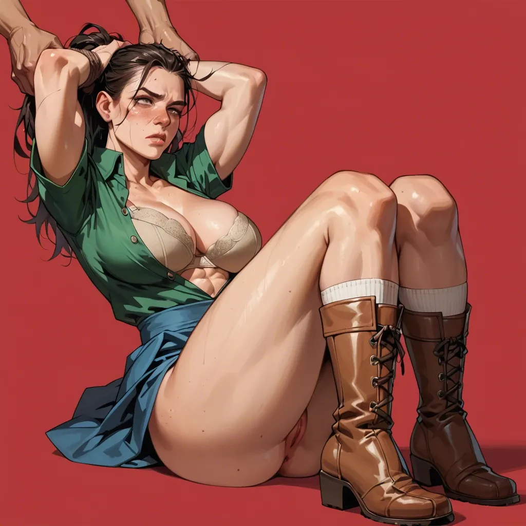 2girl, , , , balls on nose,hands tied,big boobs,red background,shoulder, freckles,hands in hair,large breasts,abs,knees up, dark green gown,socks,collared,beige bra,brown boots, blue skirt,knee-high socks,glasses,microbikini,sneakers, bare ass, in jungle, illustration, backlit, 2 boys, miku hatsune