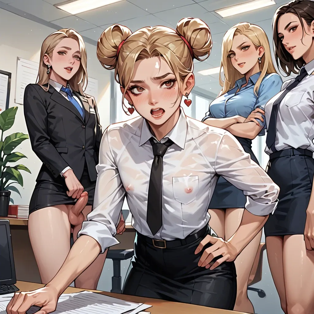 in the office, stream chat visible, femboy, two buns, blonde, brown eyes, earring, office uniform, orgy, penis visible