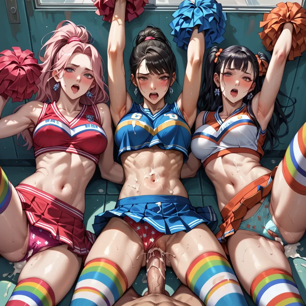 Sex with cheerleader in uniform, (3girls),astel pattern cotton underwear, rainbow thigh highs, cum on underwear, cum on stomach, 2 cheerleaders,