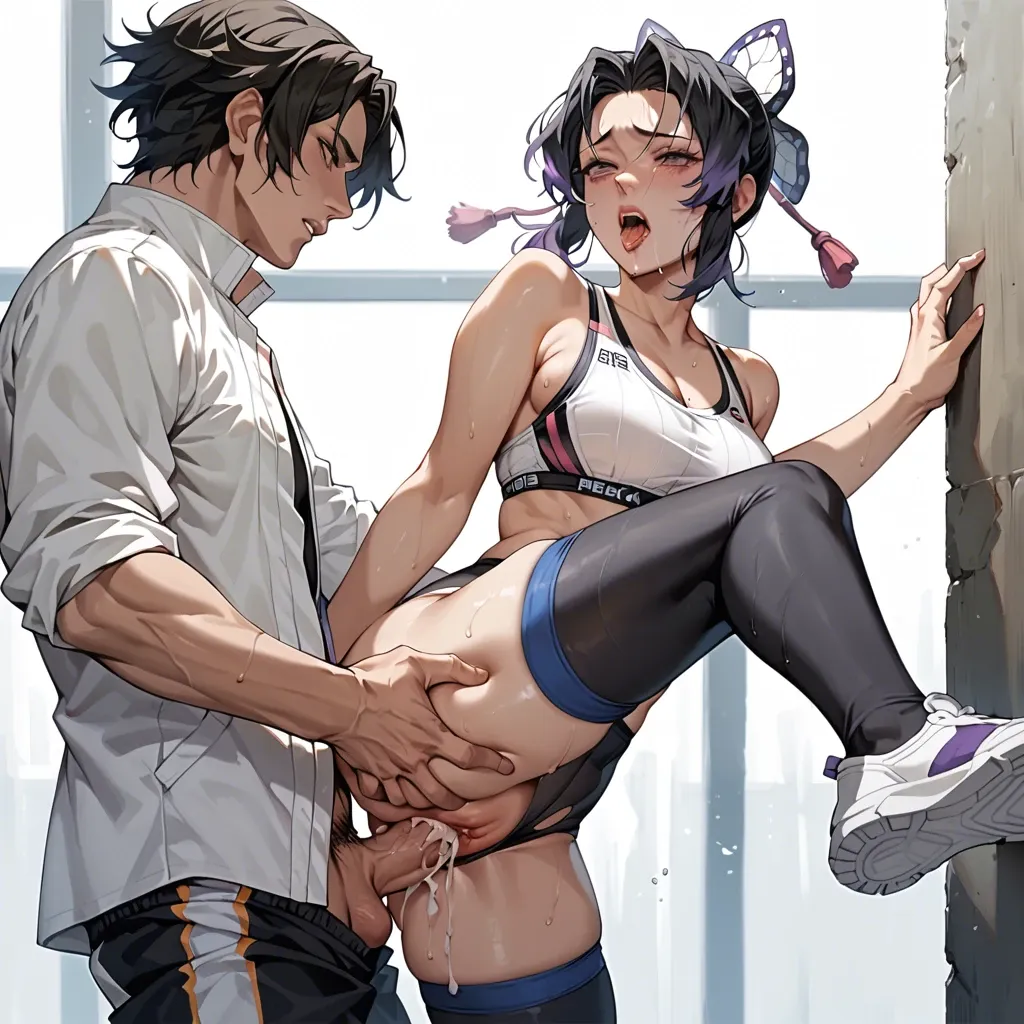 1girl,1girl Shinobu Kochou from Kimetsu no Yaiba,creampie,white sport suit,white sportswear,sex,black leggings,hole in leggings,pleasure face,grab,black hair,bra