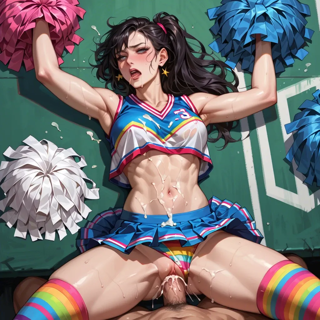 Sex with cheerleader in uniform, pastel pattern cotton underwear, rainbow thigh highs, cum on underwear, cum on stomach, 2 cheerleaders,