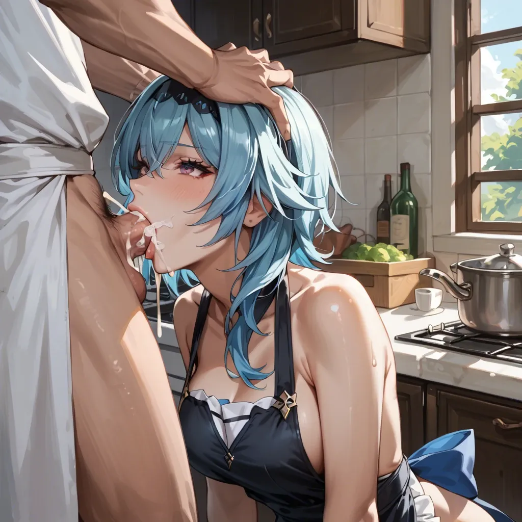 Eula from Genshin Impact with her normal colored hair,, in the kitchen, kitchen apron,blowjob, standing up in sexy position,deepthroat,head grab, excessive cum on mouth, happy face, , teasing, cute poses, cute portraits, cute