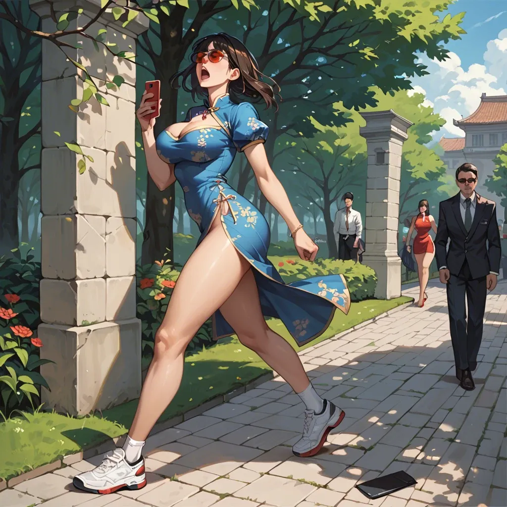 1girl,1boy, , , , china dress,thigh high,round breasts,waists,throat, tight skirt,necklace,red sunglasses,no panties,running shoes, royal bedroom, park, medieval, phone exposure, hinata