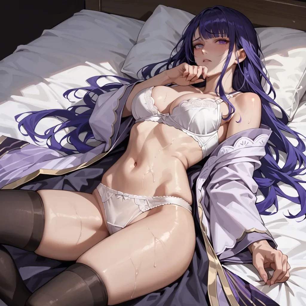 Shogun Raiden, solo, 1 girl, high waisted, shy, white panties, white bra, robe, lying on bed, pantyhose