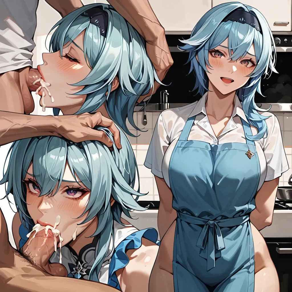 Eula from Genshin Impact with her normal colored hair,, in the kitchen, kitchen apron,multiple scenes, blowjob, standing up in sexy position,deepthroat,head grab, excessive cum on mouth, happy face, , teasing, cute poses, cute portraits, cute