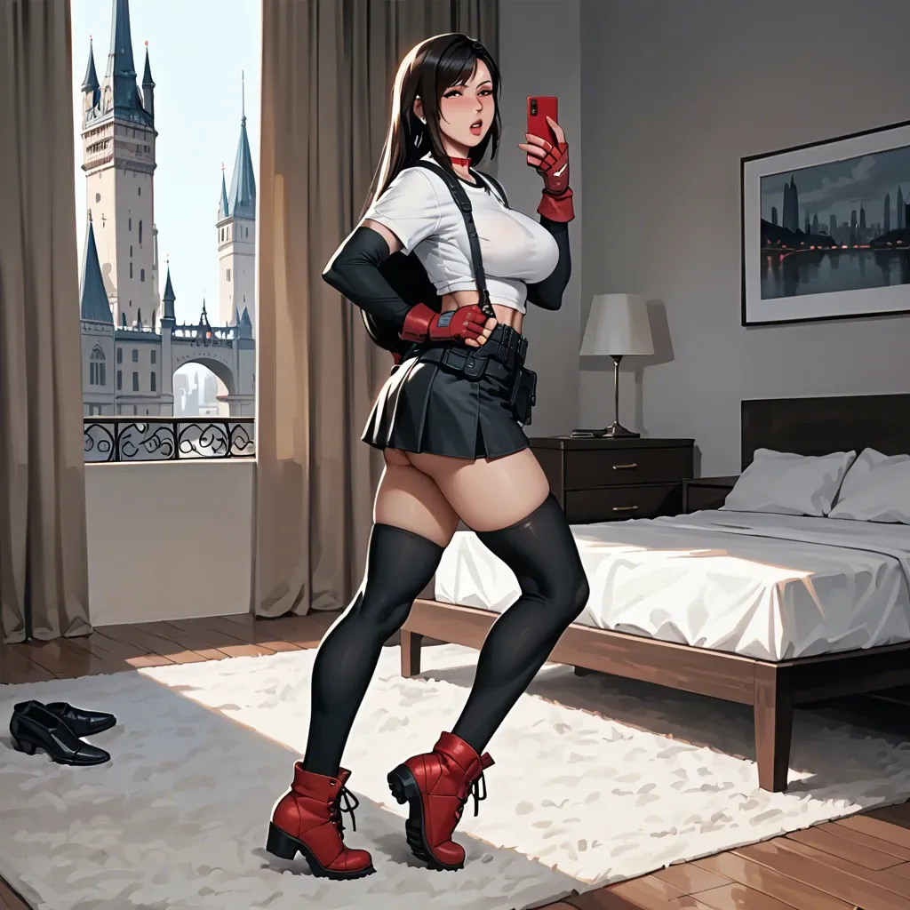 2girl, , , , eyebrow,tiptoe,round tits,giant boobs,very dark skin, uniform,knee-high socks,red choker,thongs,black boots, bedroom, new york city, castle, phone exposure, tifa lockhart, jasmine, waifu