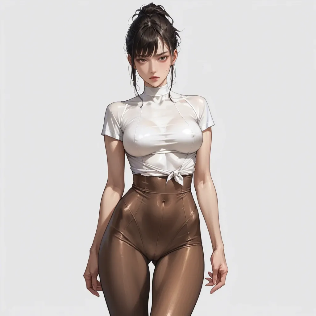 Anime,detailed,slender body,super wide hips,long legs,high waist,brown leggings,tied hair,bangs,bodycon shirts,upper body,street