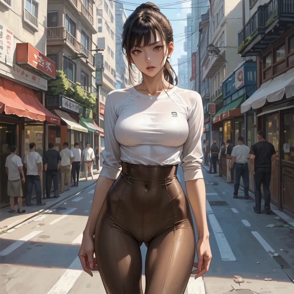 Anime,detailed,slender body,super wide hips,long legs,high waist,brown leggings,tied hair,bangs,bodycon shirts,upper body,super wide thigh gap,street